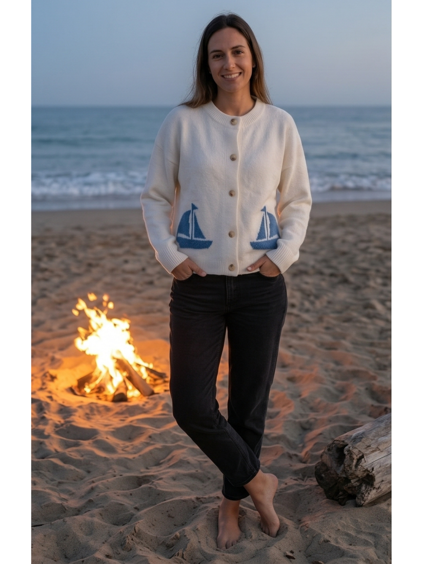 Nautical Sailboat Graphic Knit Button Cardigan - by Urban Daizy®