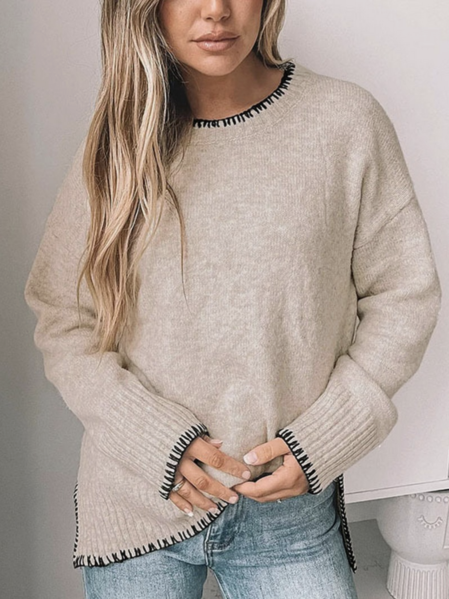 Neck Casual Long Sleeve Slit Knitted Sweater - by Ninexis®