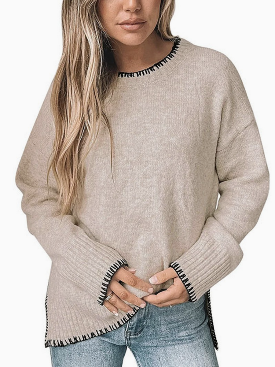 Neck Casual Long Sleeve Slit Knitted Sweater - by Ninexis®