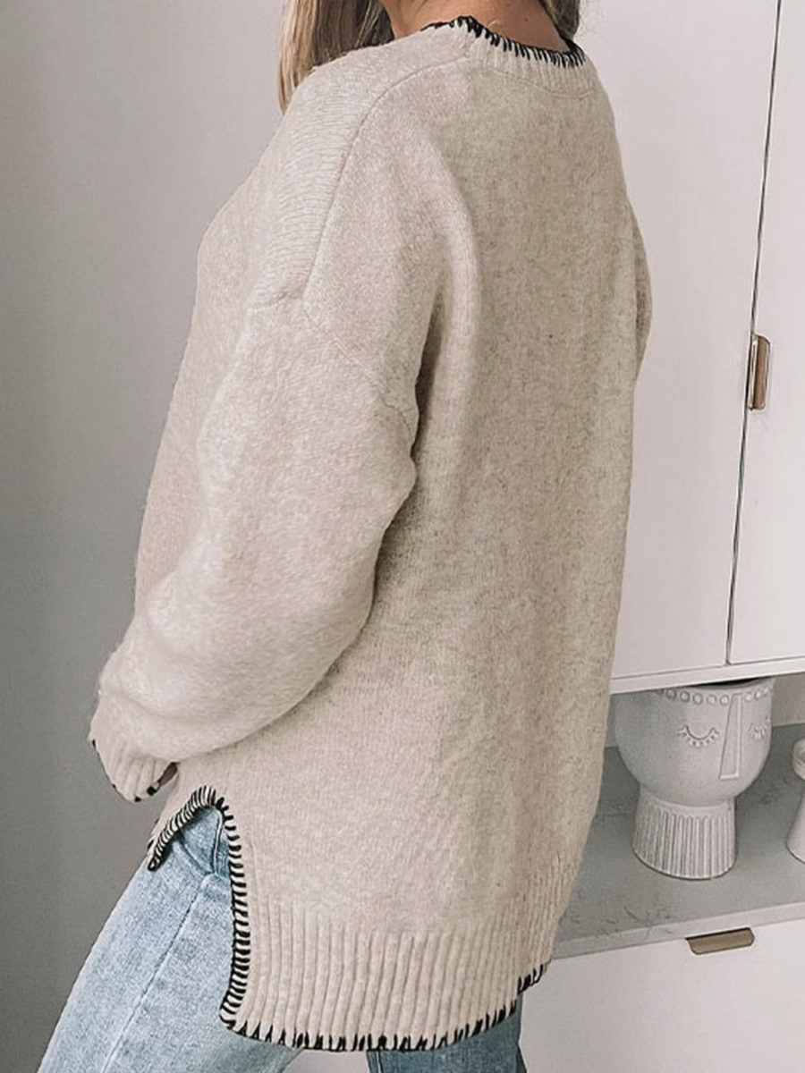 Neck Casual Long Sleeve Slit Knitted Sweater - by Ninexis®