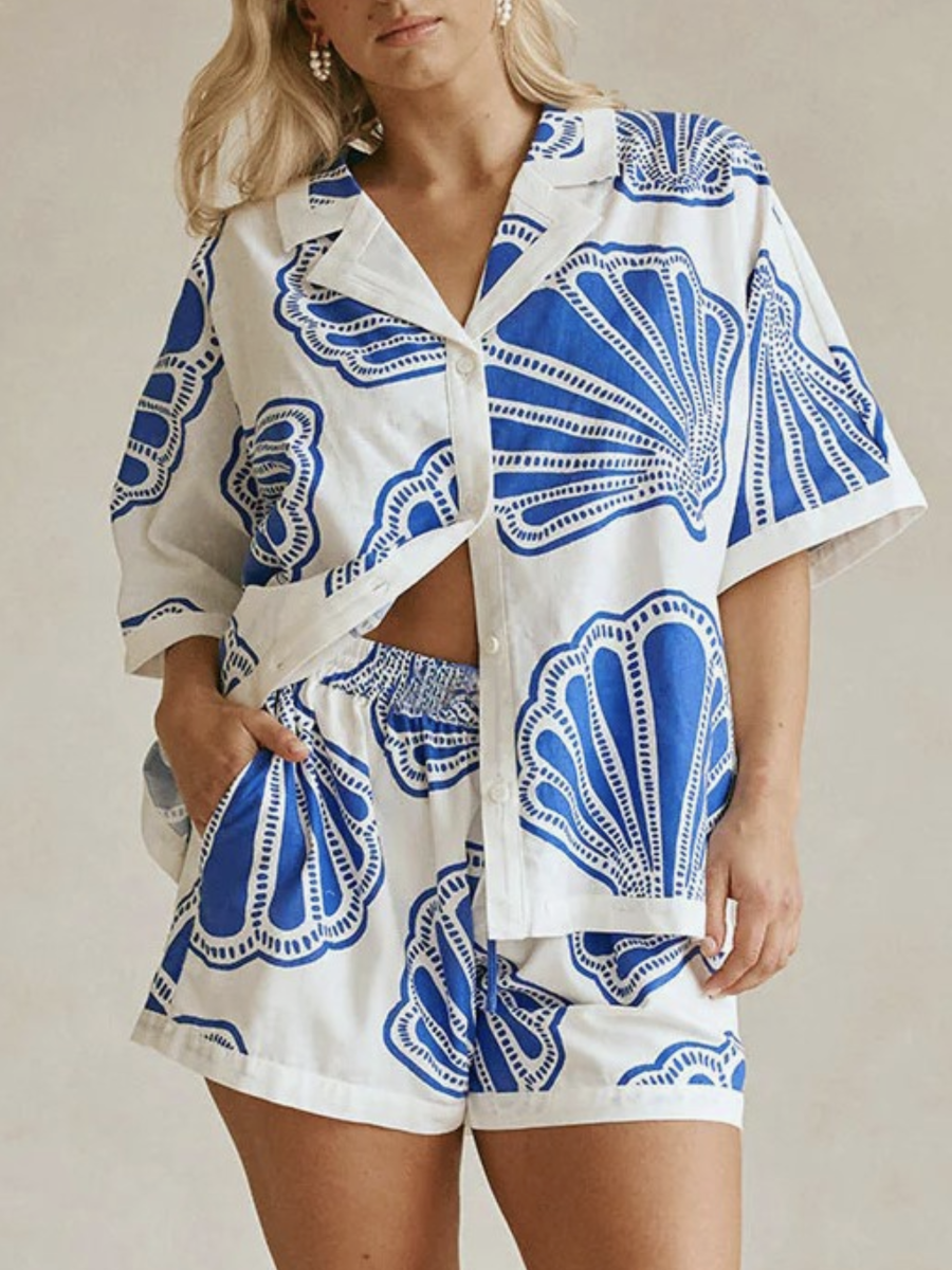 Ocean Inspired Scallop Shell Print Boxy Shirt & Short Set - by Rosa Clothing®