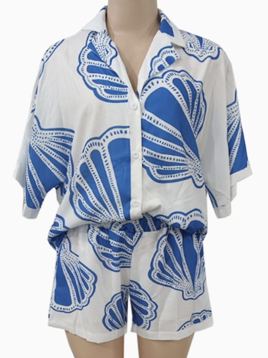Ocean Inspired Scallop Shell Print Boxy Shirt & Short Set - by Rosa Clothing®