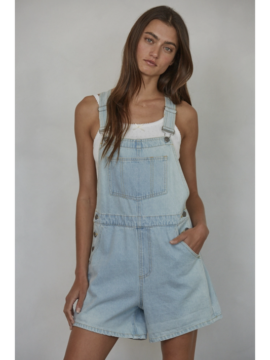 Oversized Woven Denim Overall Shorts with Cuffs - by By Together®