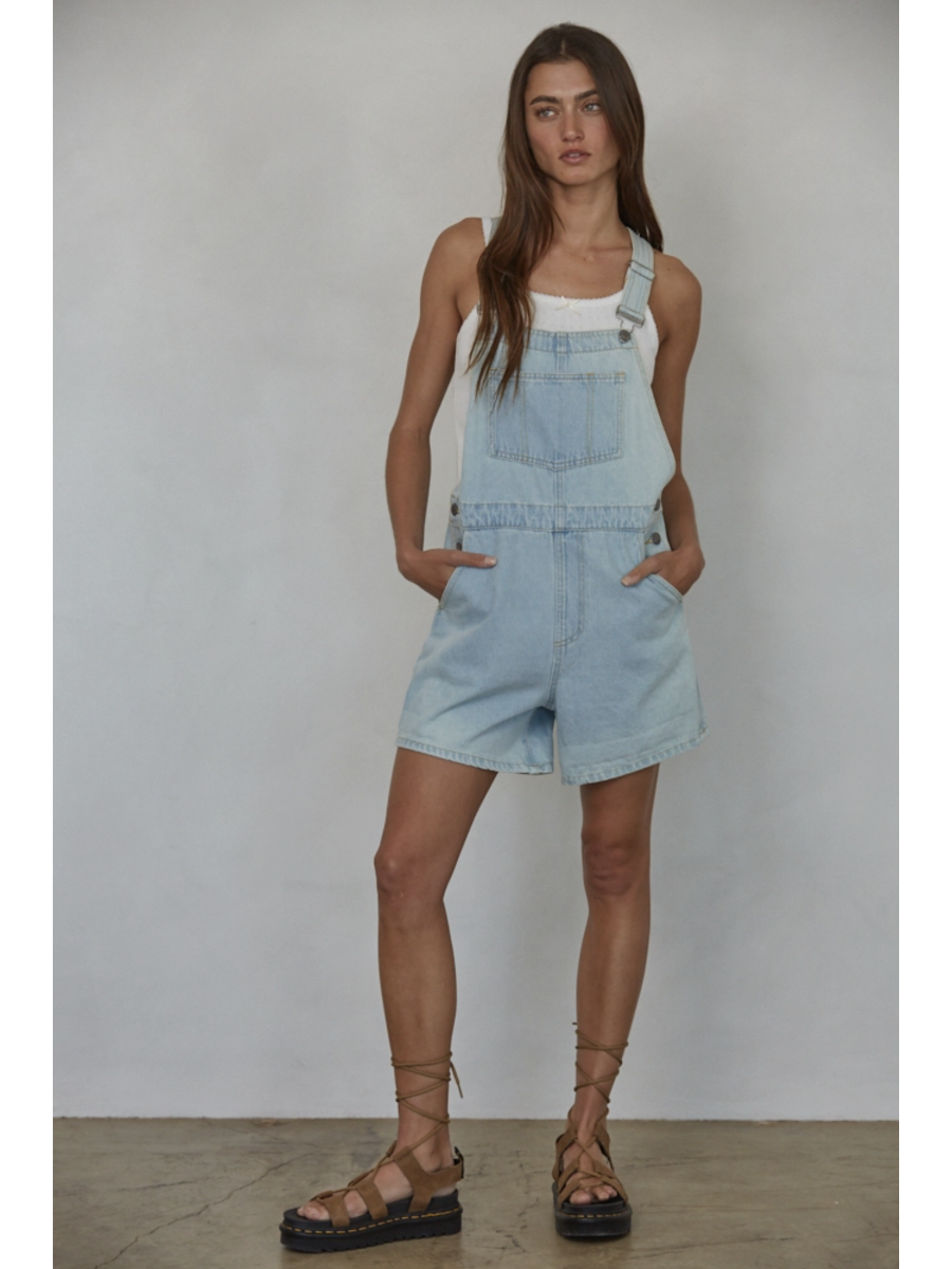 Oversized Woven Denim Overall Shorts with Cuffs - by By Together®