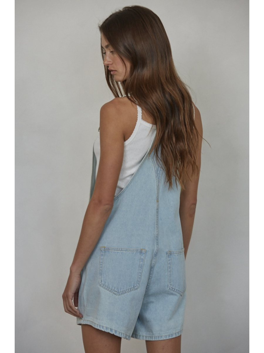 Oversized Woven Denim Overall Shorts with Cuffs - by By Together®