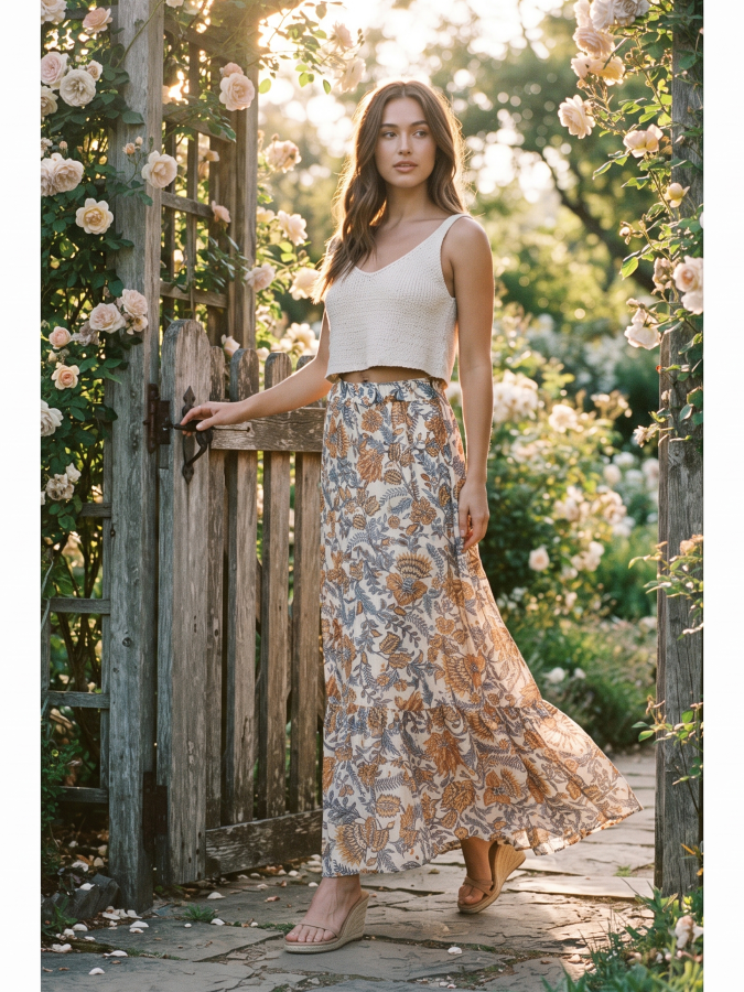 Paisley Print Maxi Skirt with O-Ring Belt - by En Creme®