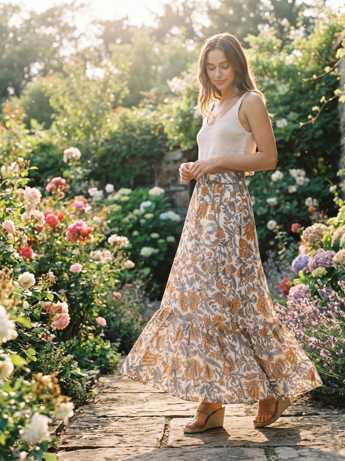 Paisley Print Maxi Skirt with O-Ring Belt - by En Creme®
