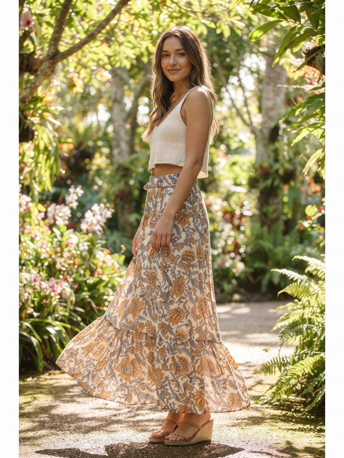Paisley Print Maxi Skirt with O-Ring Belt - by En Creme®
