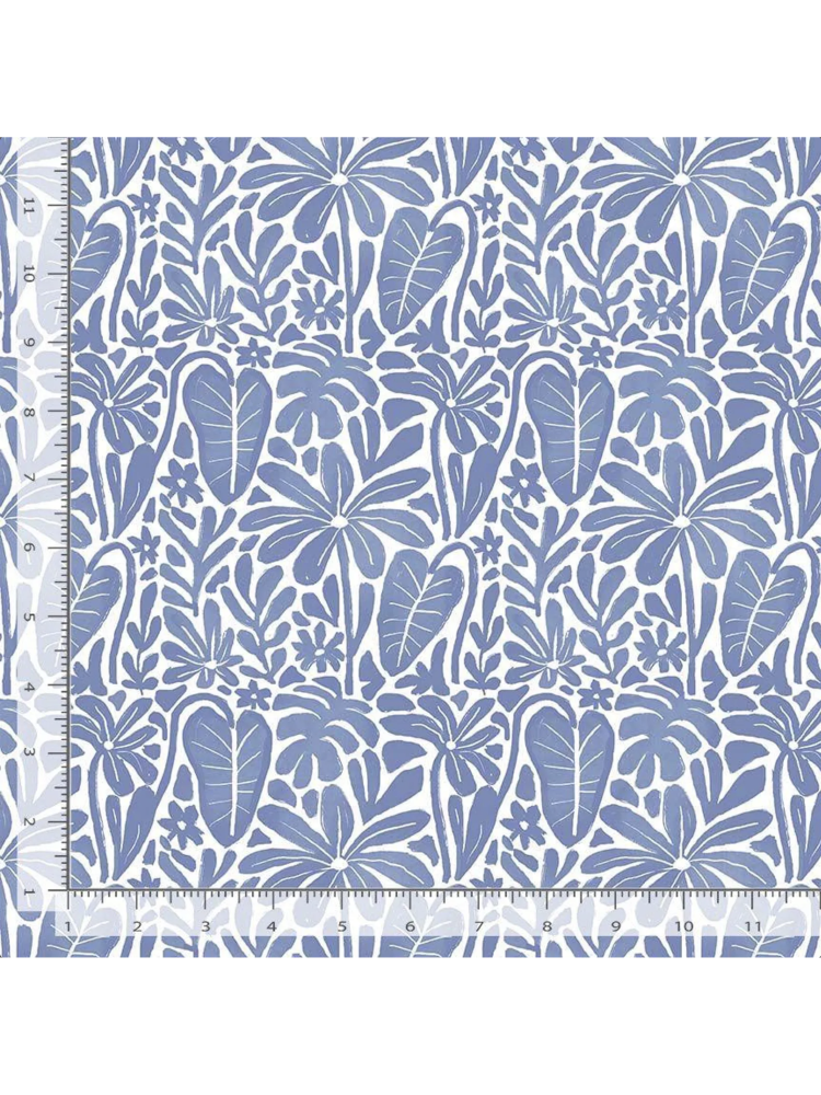 Blue and white block-print style fabric featuring a repeating botanical pattern of fan palms, monstera leaves, and tropical flowers, rulers added for reference.
