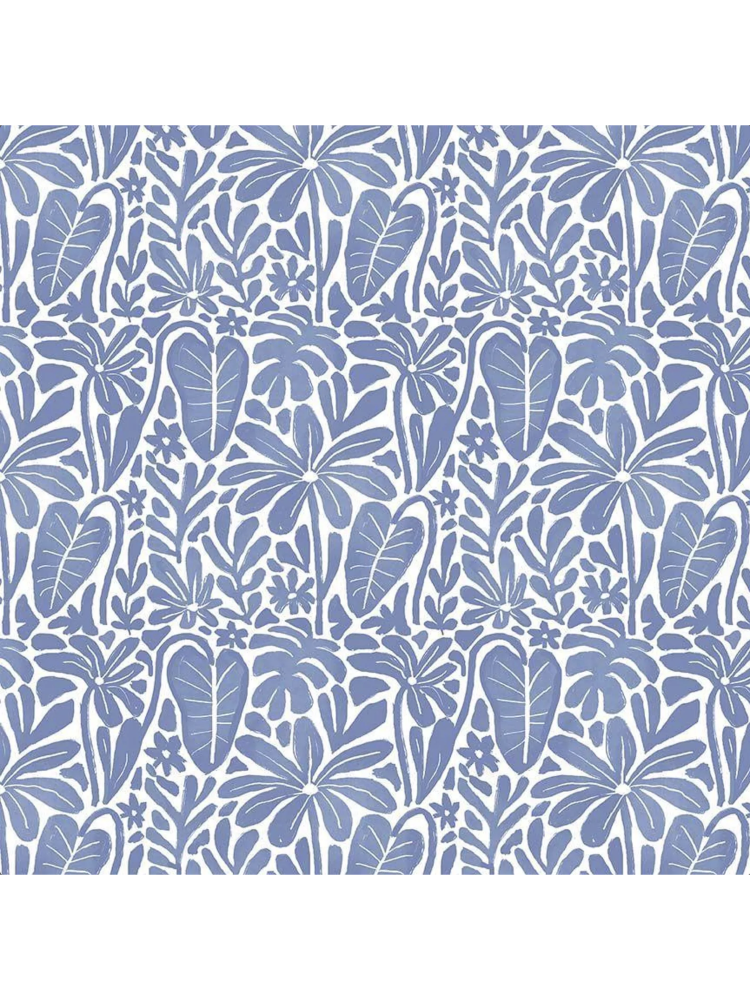 Blue and white block-print style fabric featuring a repeating botanical pattern of fan palms, monstera leaves, and tropical flowers.