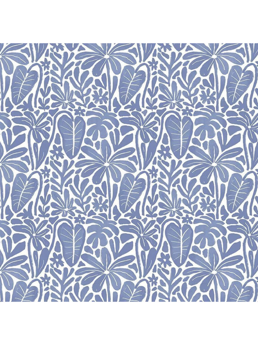 Blue and white block-print style fabric featuring a repeating botanical pattern of fan palms, monstera leaves, and tropical flowers.