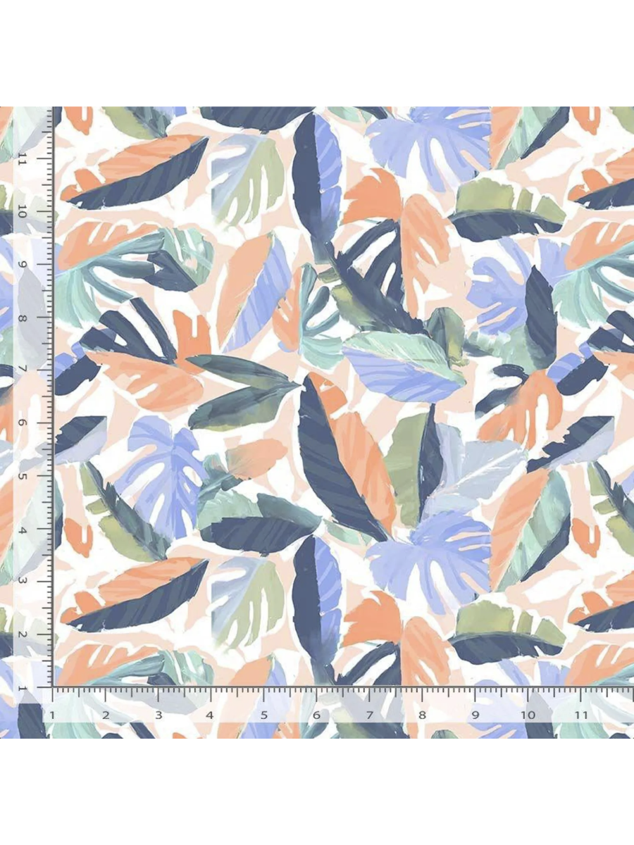 White fabric featuring a vibrant, repeating pattern of green palm leaves and tropical fronds in a clean, botanical layout, rulers added for reference.