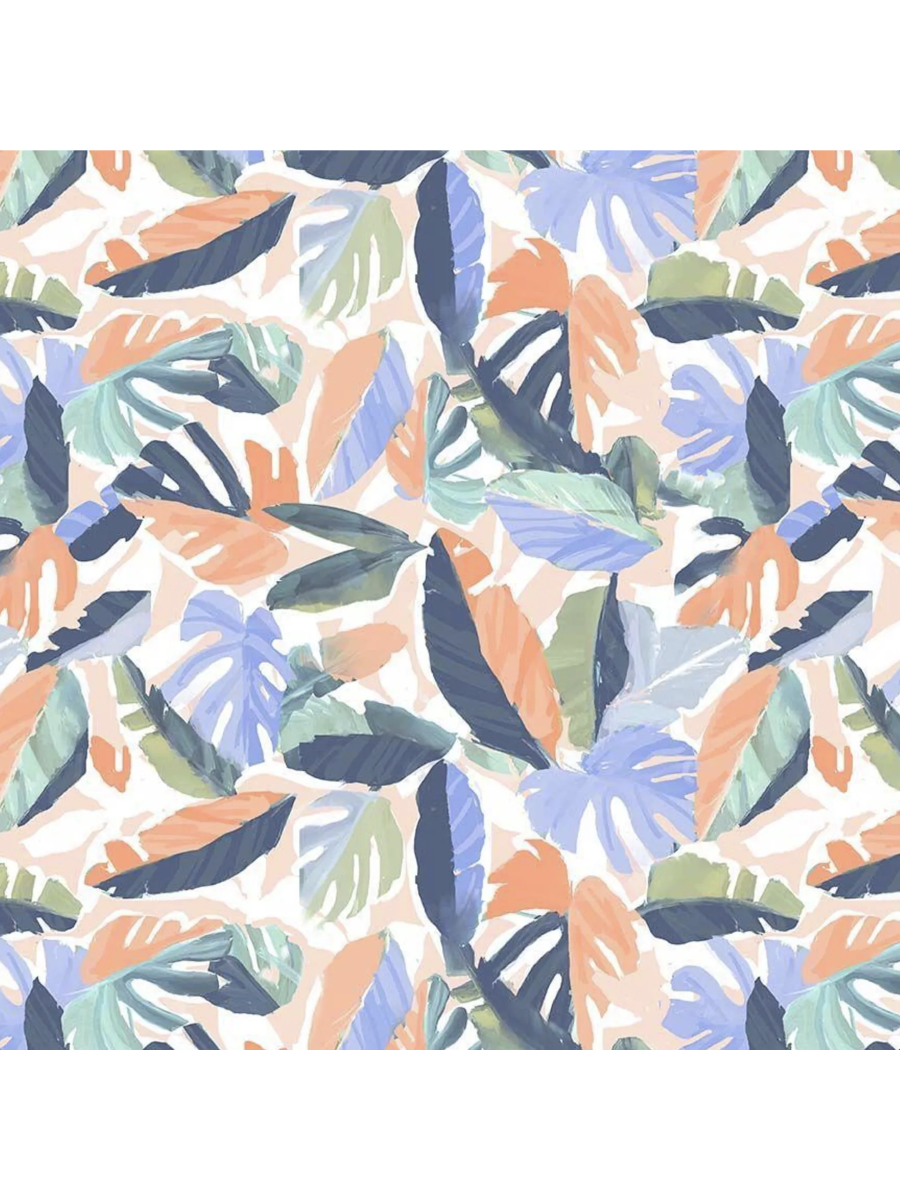 White fabric featuring a vibrant, repeating pattern of green palm leaves and tropical fronds in a clean, botanical layout.