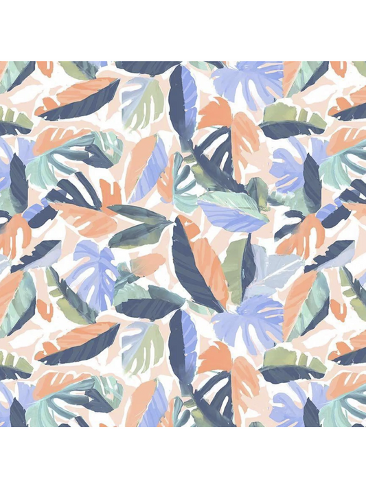 White fabric featuring a vibrant, repeating pattern of green palm leaves and tropical fronds in a clean, botanical layout.