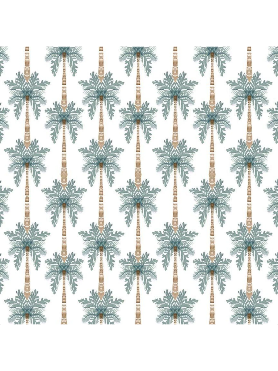 Minimalist white fabric featuring a repeating pattern of small, charcoal-grey palm trees in a clean, tropical layout.