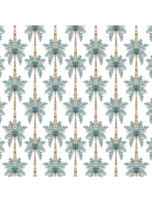Minimalist white fabric featuring a repeating pattern of small, charcoal-grey palm trees in a clean, tropical layout.