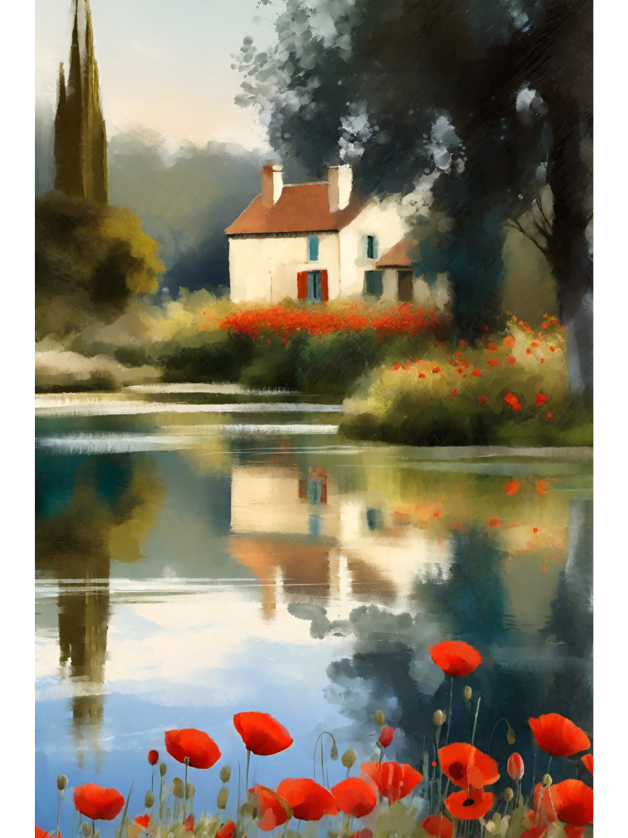 Whimsical painting of a white cottage reflected in a still pond with bright red poppies in the foreground and a lush green landscape.