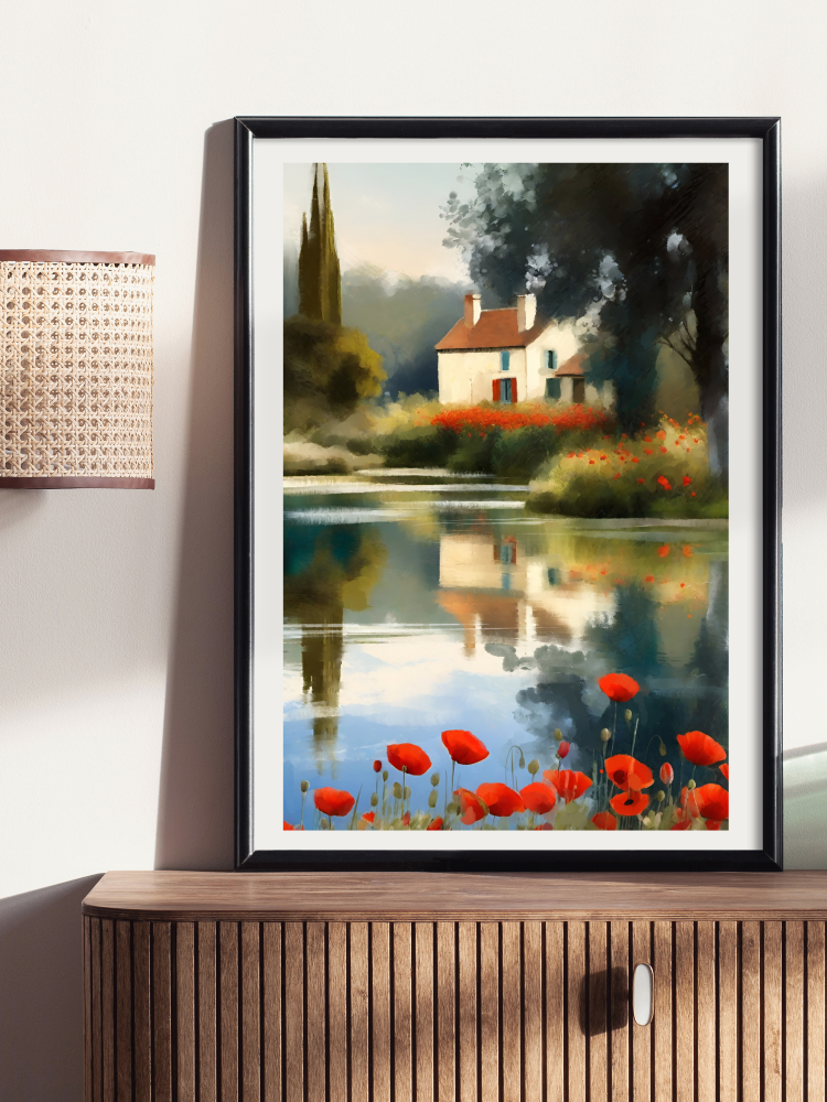 Framed mockup of Whimsical painting of a white cottage reflected in a still pond with bright red poppies in the foreground and a lush green landscape.