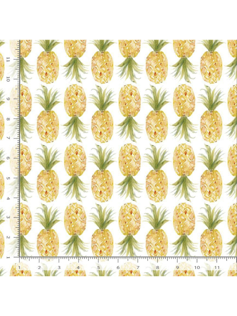 Watercolor fabric featuring a repeating pattern of bright golden pineapples with green leaves on a clean white background, rulers added for reference.
