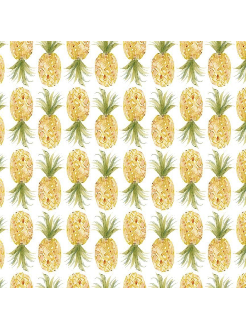 Watercolor fabric featuring a repeating pattern of bright golden pineapples with green leaves on a clean white background.