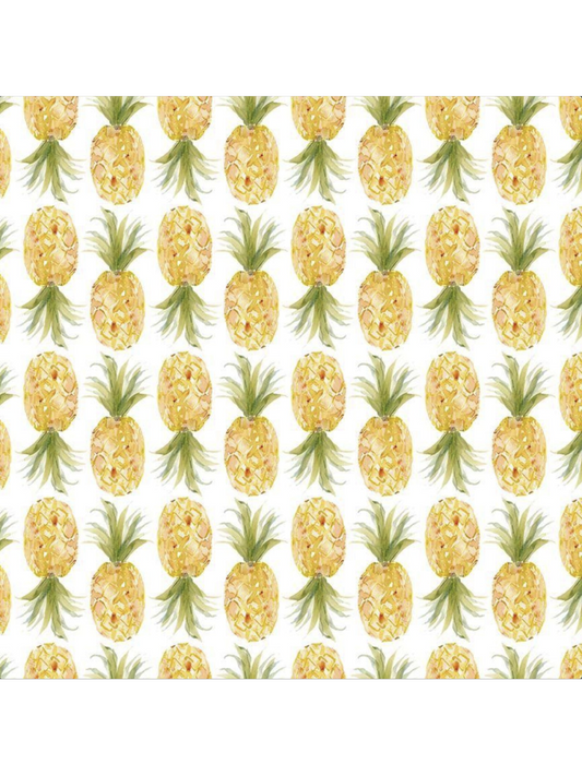 Watercolor fabric featuring a repeating pattern of bright golden pineapples with green leaves on a clean white background.