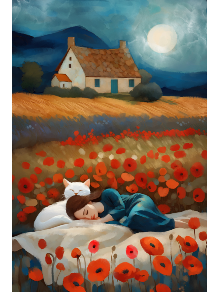 Whimsical art of a girl and a white cat sleeping in a red poppy field near a cottage under a large full moon at night.