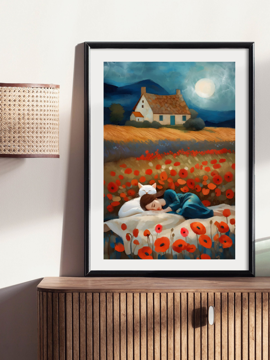 Framed mockup of Whimsical art of a girl and a white cat sleeping in a red poppy field near a cottage under a large full moon at night.