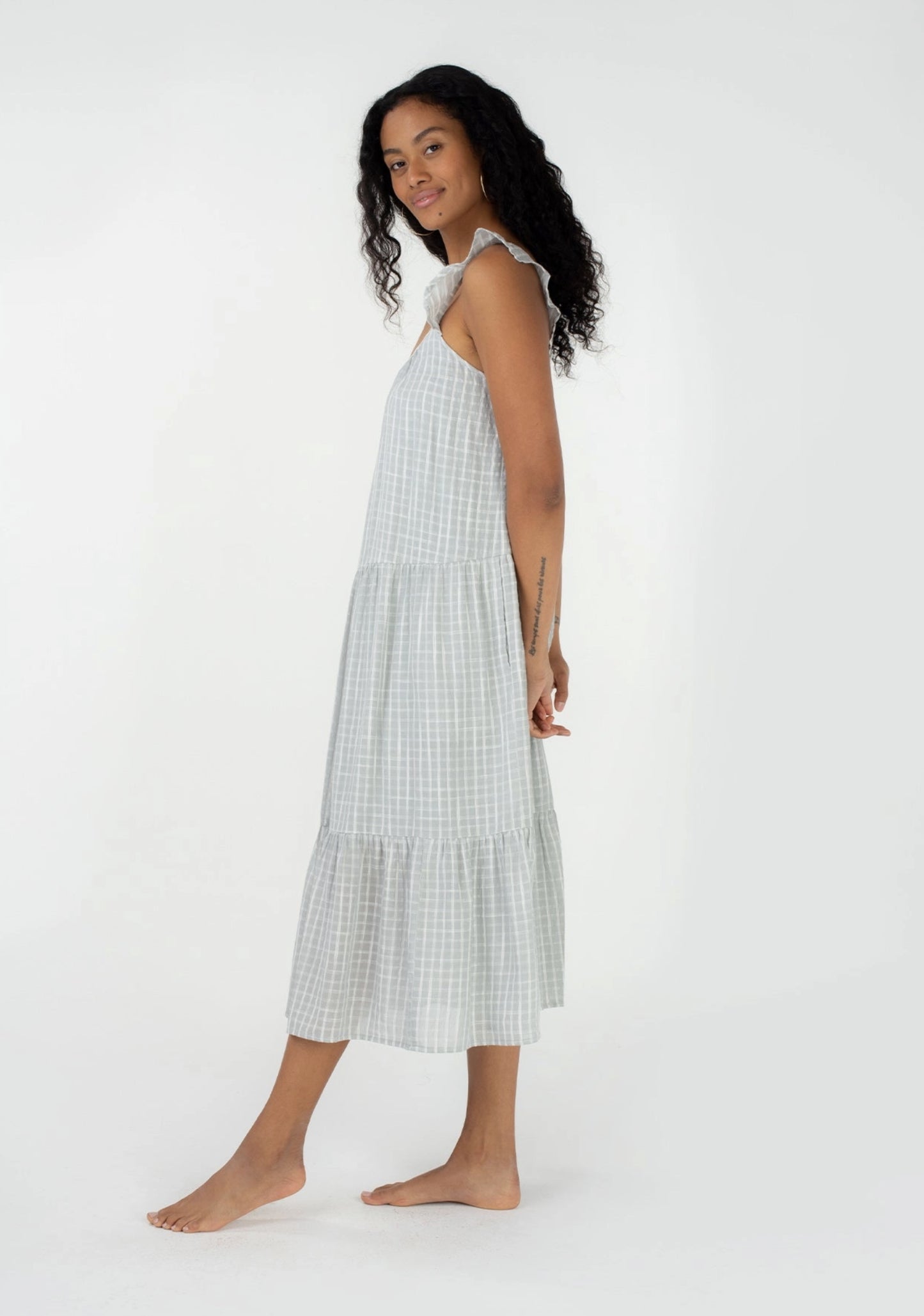 Plaid Ruffled Strap Scoop Neck Tiered Midi Dress - by Lovestitch®