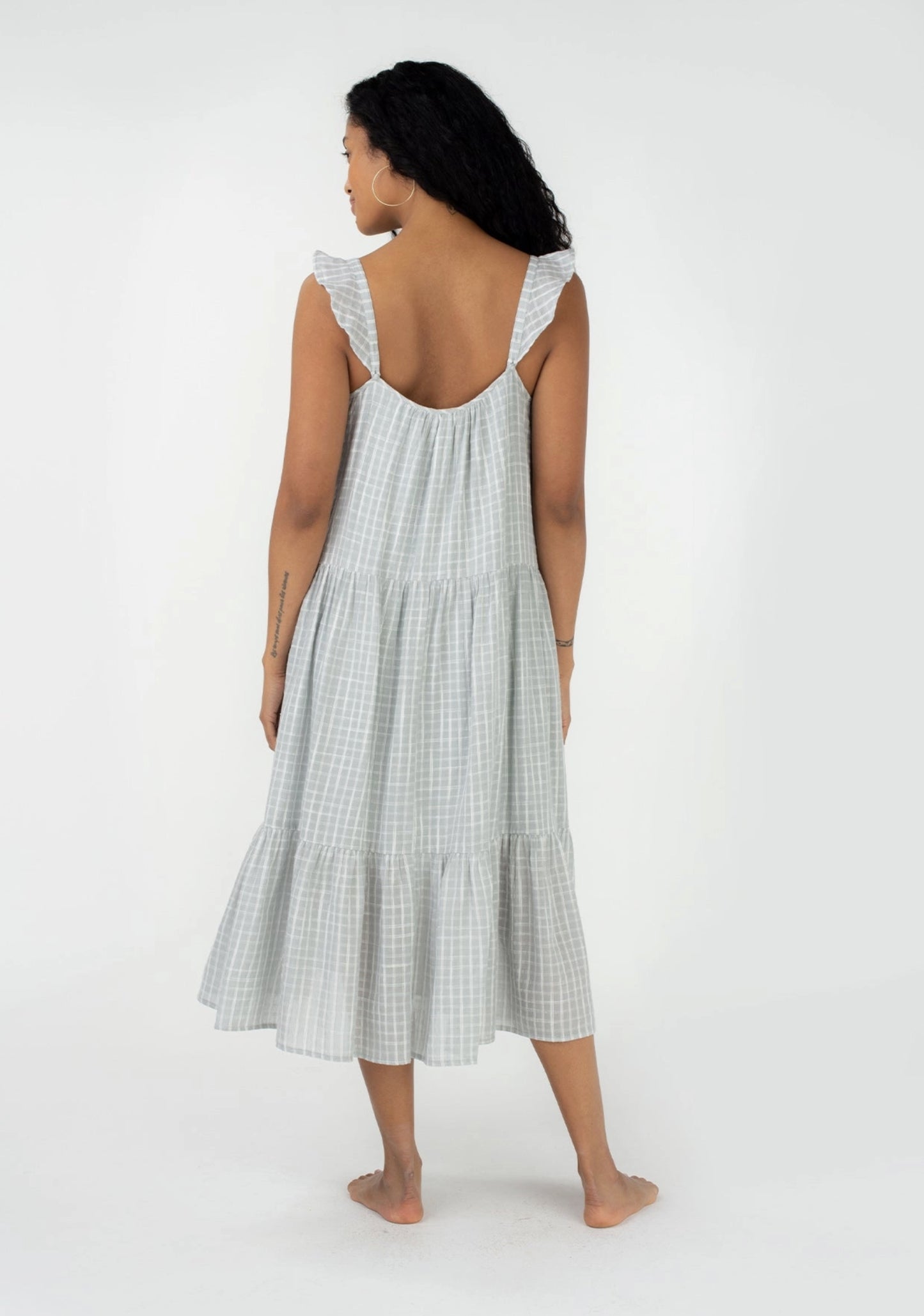 Plaid Ruffled Strap Scoop Neck Tiered Midi Dress - by Lovestitch®