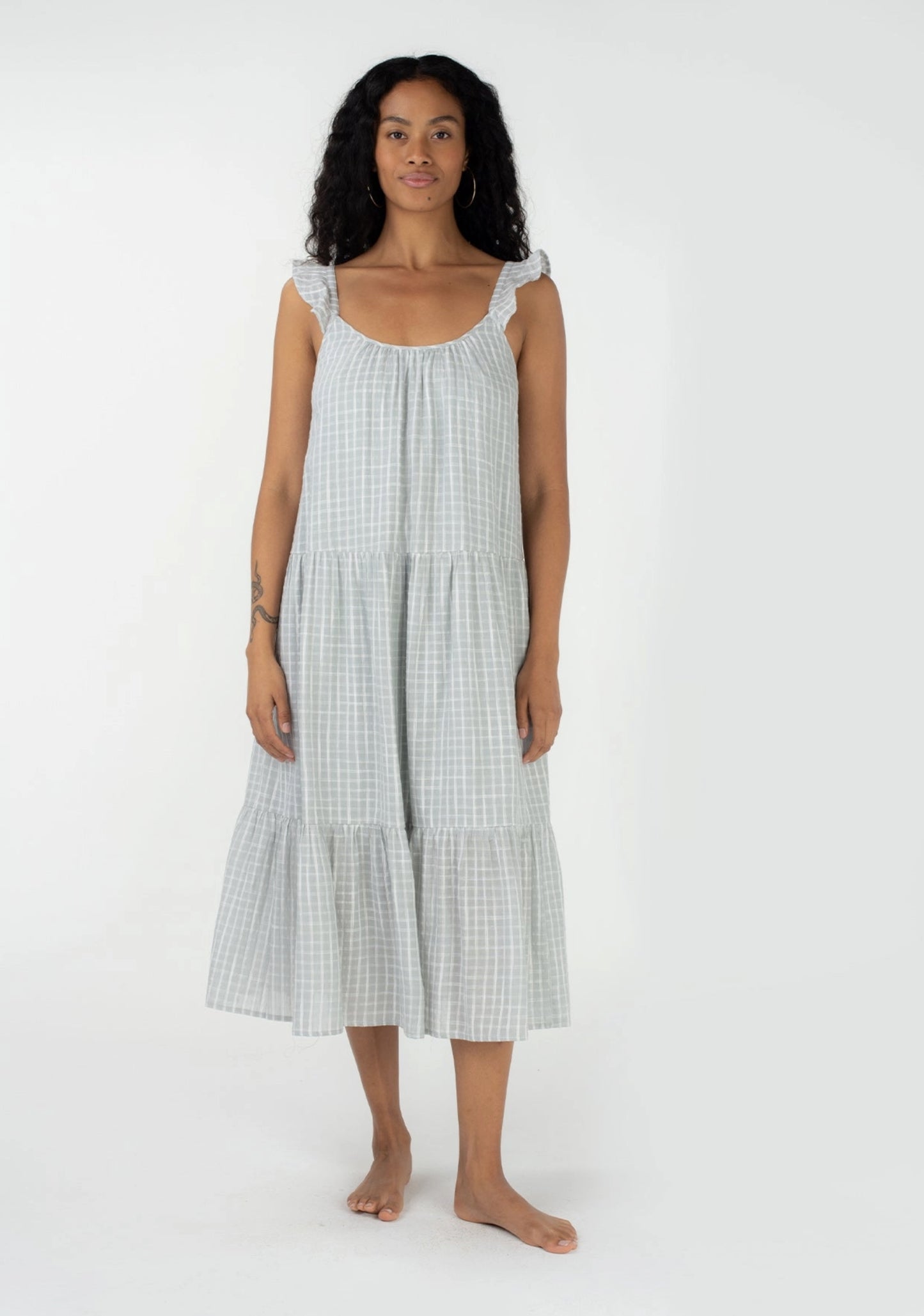 Plaid Ruffled Strap Scoop Neck Tiered Midi Dress - by Lovestitch®