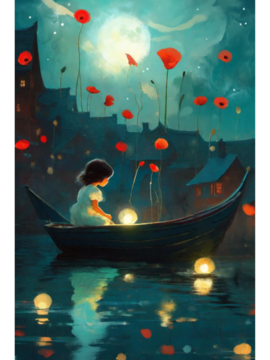A whimsical night scene artwork showing a young girl sitting in a small boat on dark water, holding a glowing light. Red poppy-like flowers float in the sky and around her, with glowing lanterns on the water.
artwork by @thomas.little.design