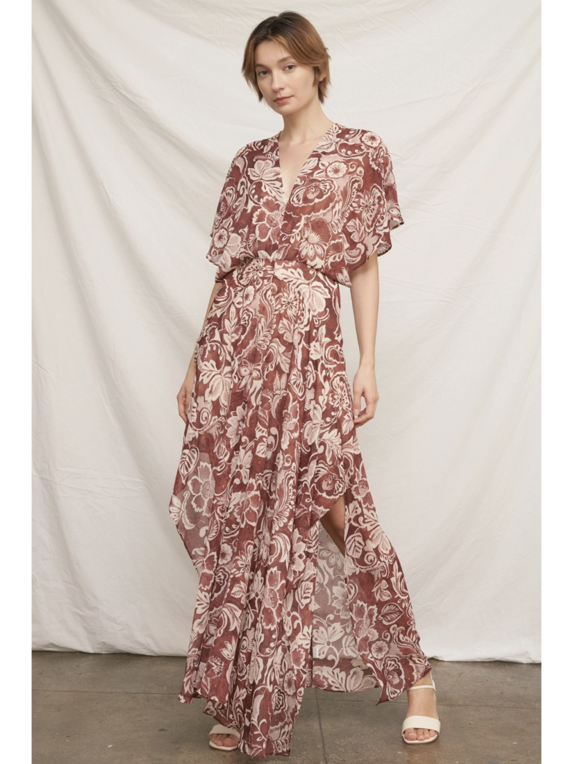 Printed Kimono Sleeve Maxi Dress with Lurex - by En Creme®