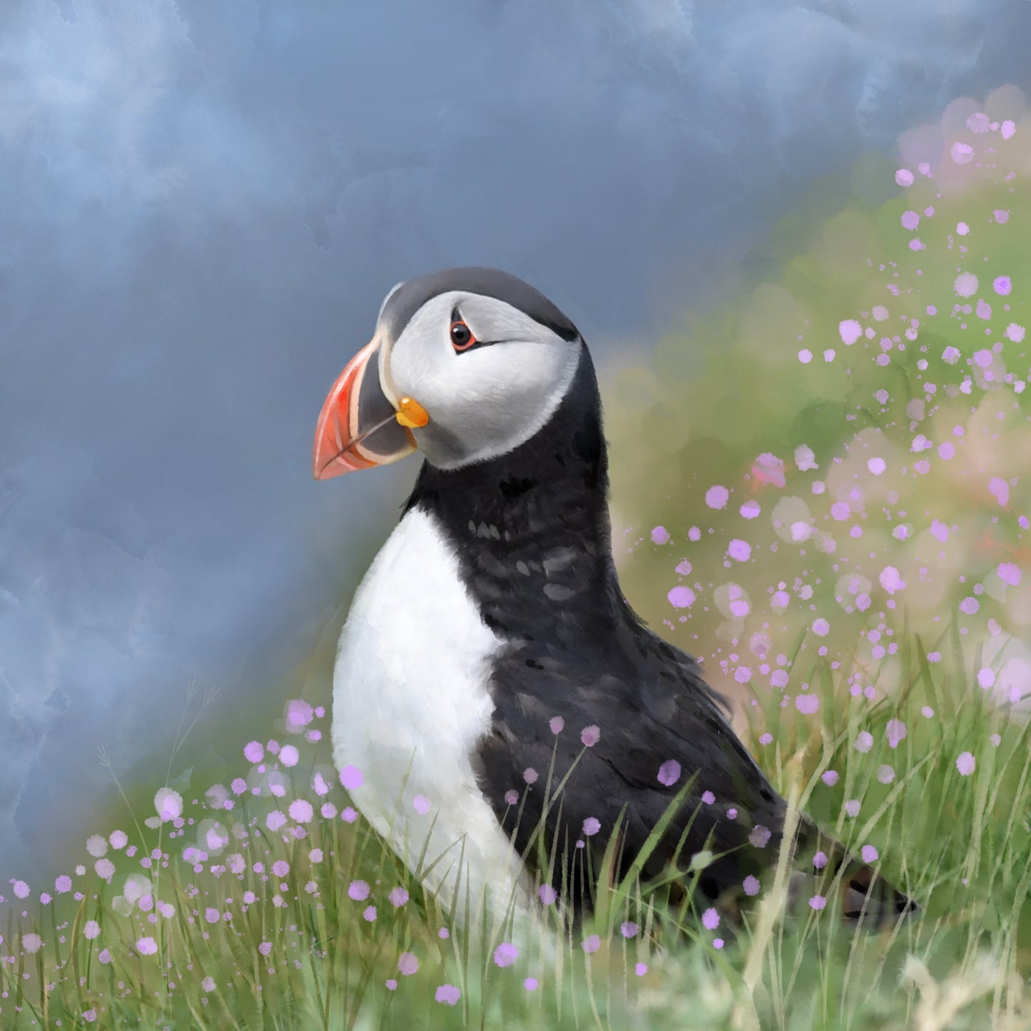Puffin Misty Sea and Wildflowers - Illustrated Print by Thomas Little