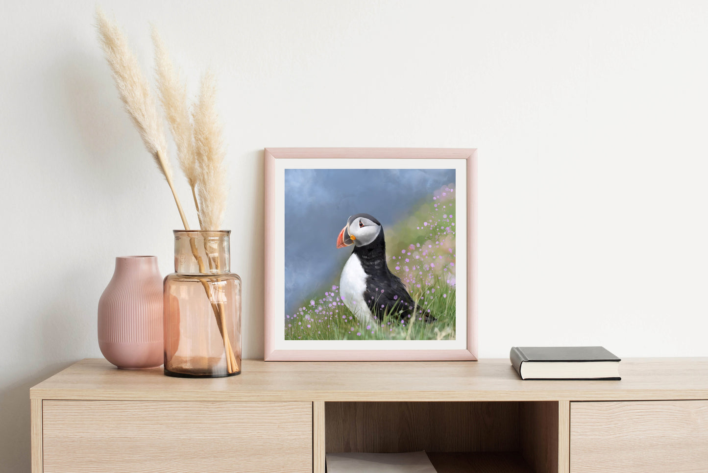 Puffin Misty Sea and Wildflowers - Illustrated Print by Thomas Little