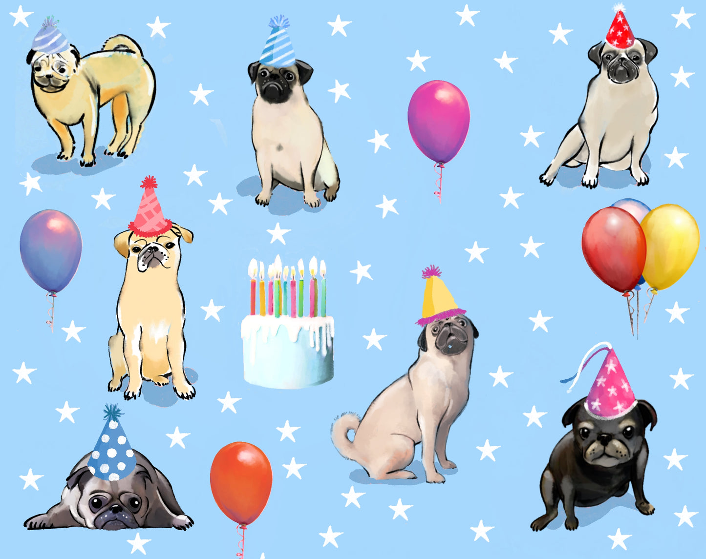 Pug Birthday Blue - Illustrated Print by Thomas Little