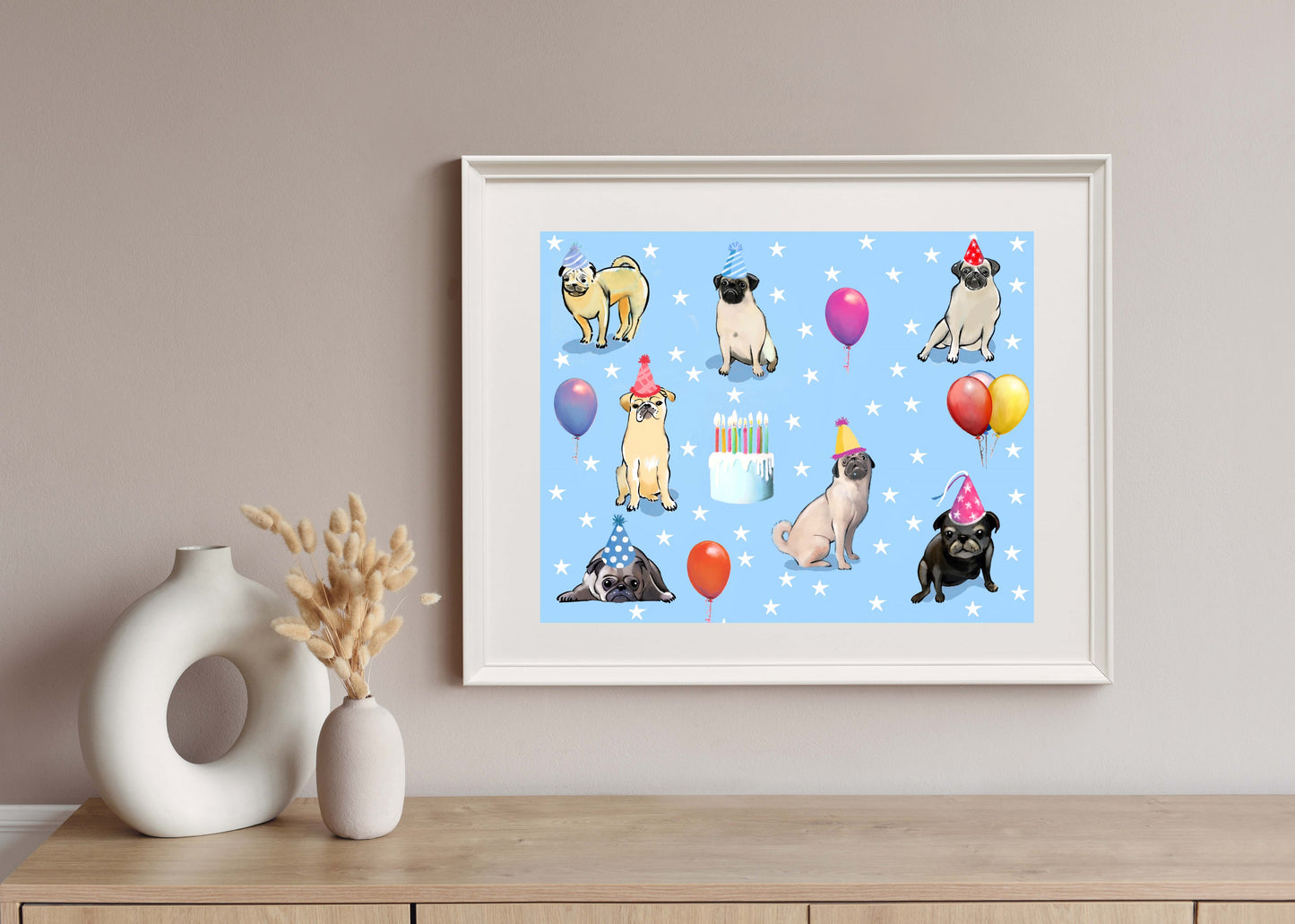 Pug Birthday Blue - Illustrated Print by Thomas Little