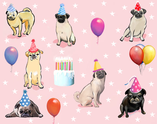 Pug Birthday Pink - Illustrated Print by Thomas Little