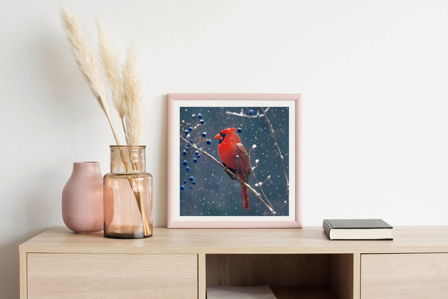 Red Cardinal Blue Berries - Illustrated Print by Thomas Little