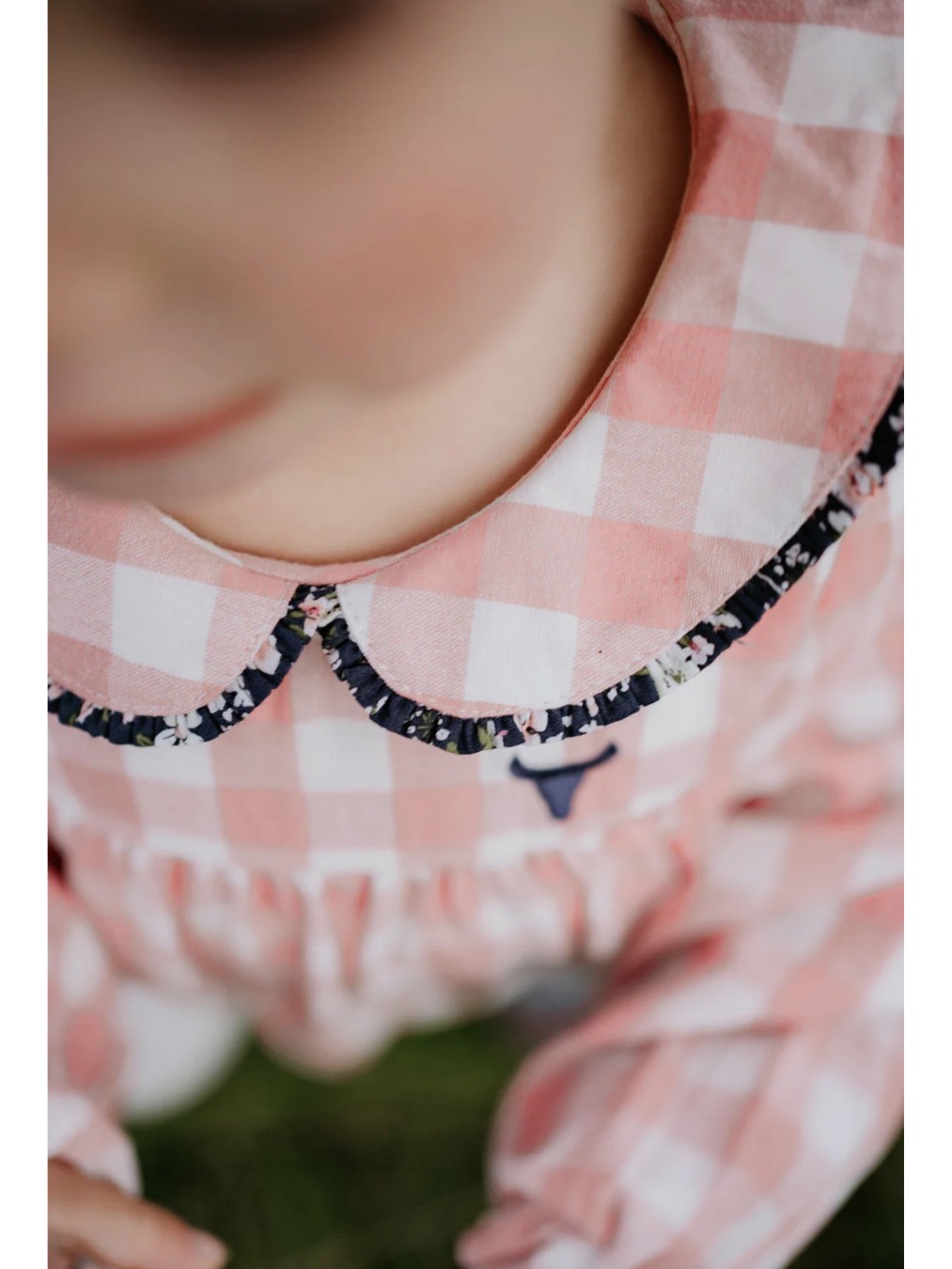 Close-up of a pink checkered shirt with floral trim on a blurred background