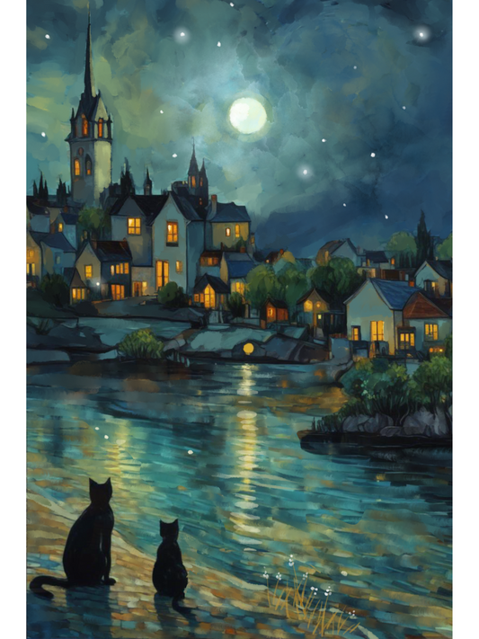 Painting of a moonlit town with two cats by a river