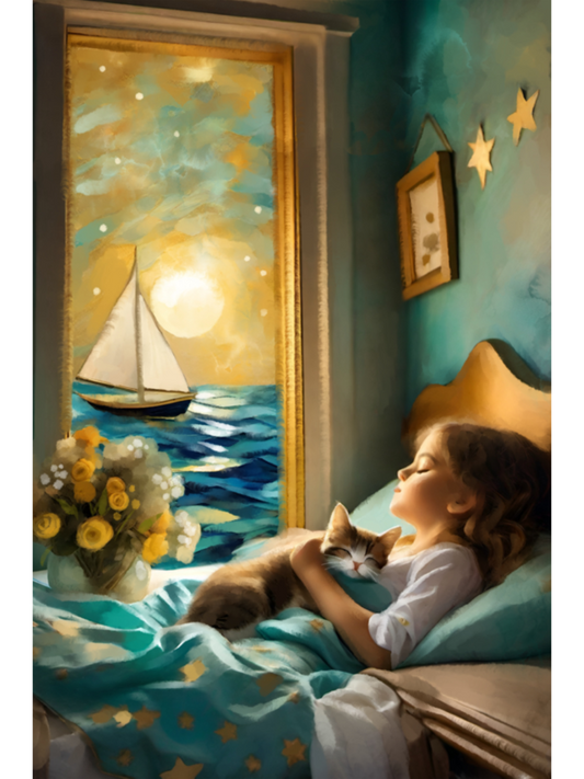 Whimsical art print of a girl and kitten sleeping in a bed by a window showing a sailboat on a golden sea under a large glowing moon.