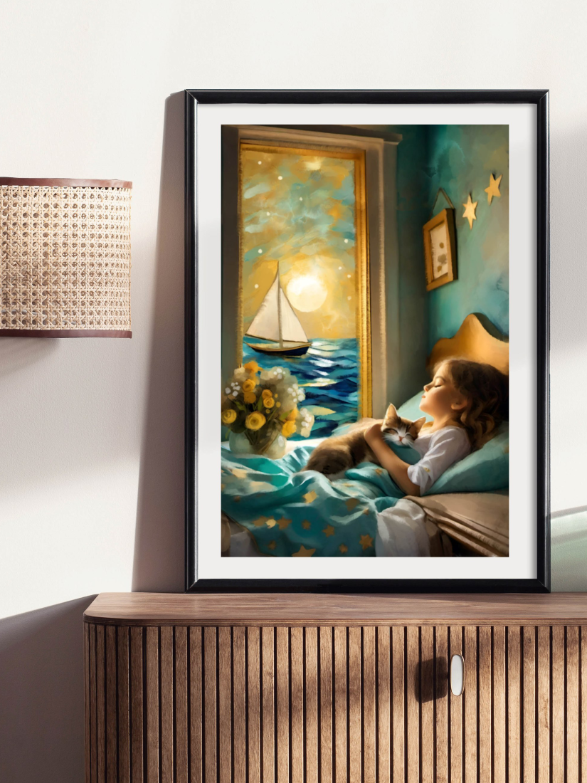 Framed mockup of Whimsical art print of a girl and kitten sleeping in a bed by a window showing a sailboat on a golden sea under a large glowing moon.