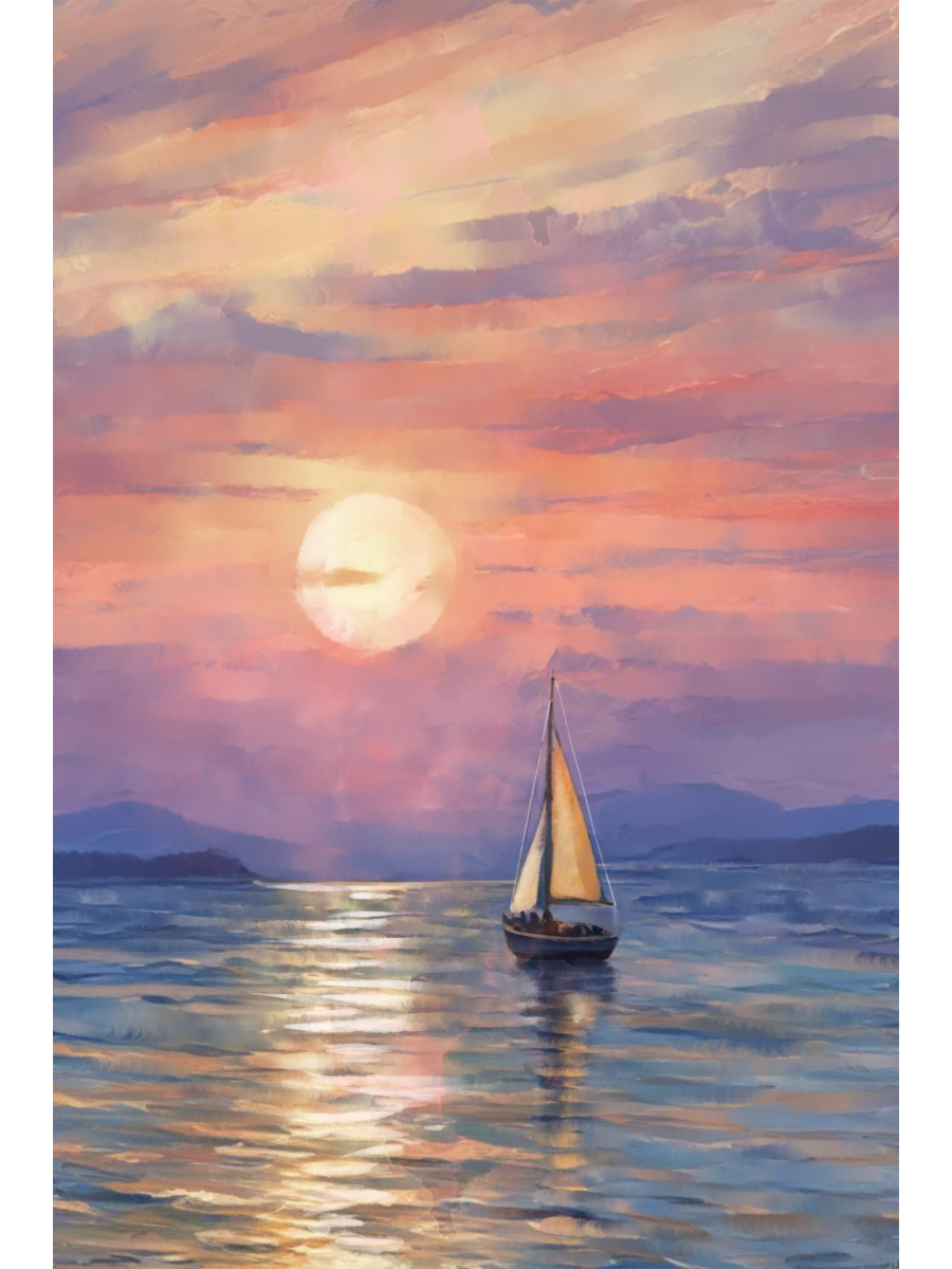 A peaceful painting of a sailboat on calm water reflecting a vibrant purple, pink, and orange sunset with silhouetted mountains in the background.