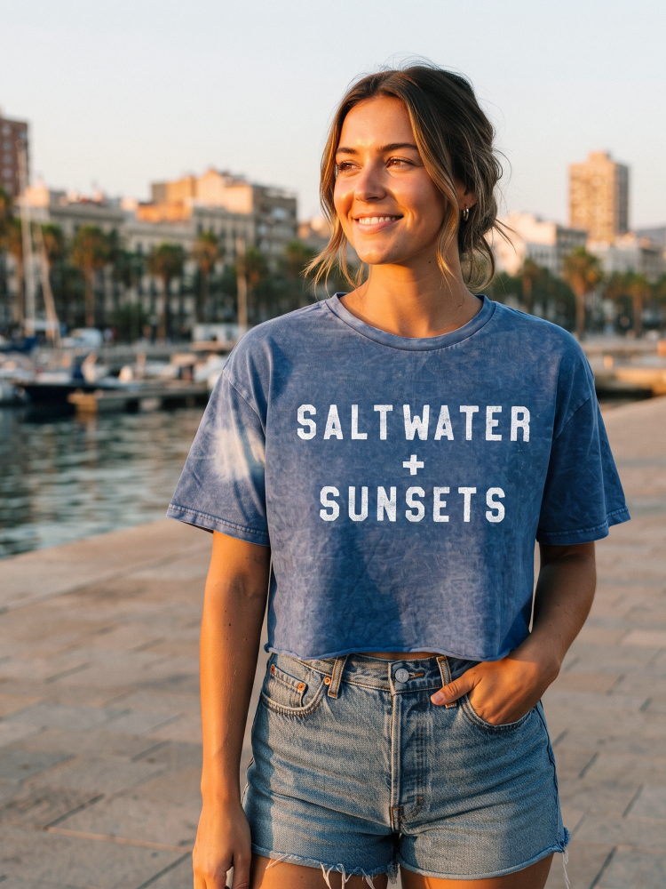 Salt Water and Sunsets Cropped Mineral Graphic Top (Denim Blue color) - by OAT COLLECTIVE®
