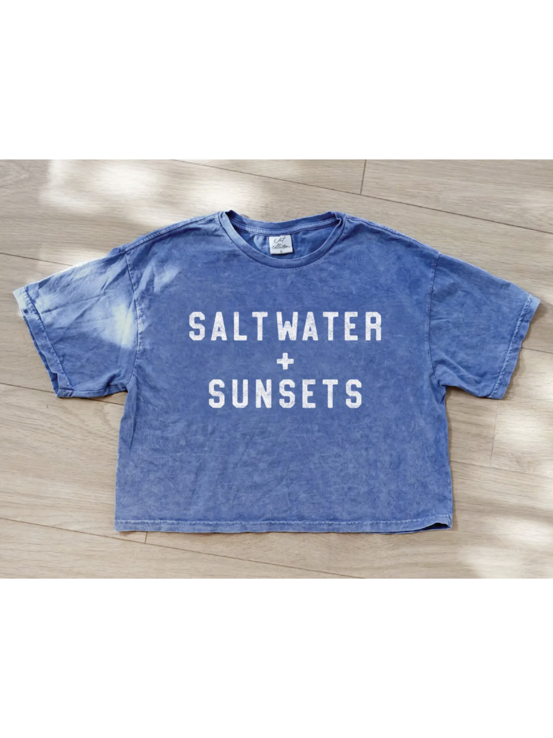 Salt Water and Sunsets Cropped Mineral Graphic Top (Denim Blue color) - by OAT COLLECTIVE®