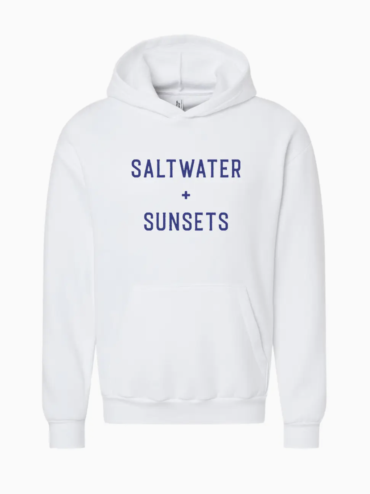 A white pullover hoodie with 'SALTWATER + SUNSETS' printed in navy blue text on the chest, displayed against a light gray background.