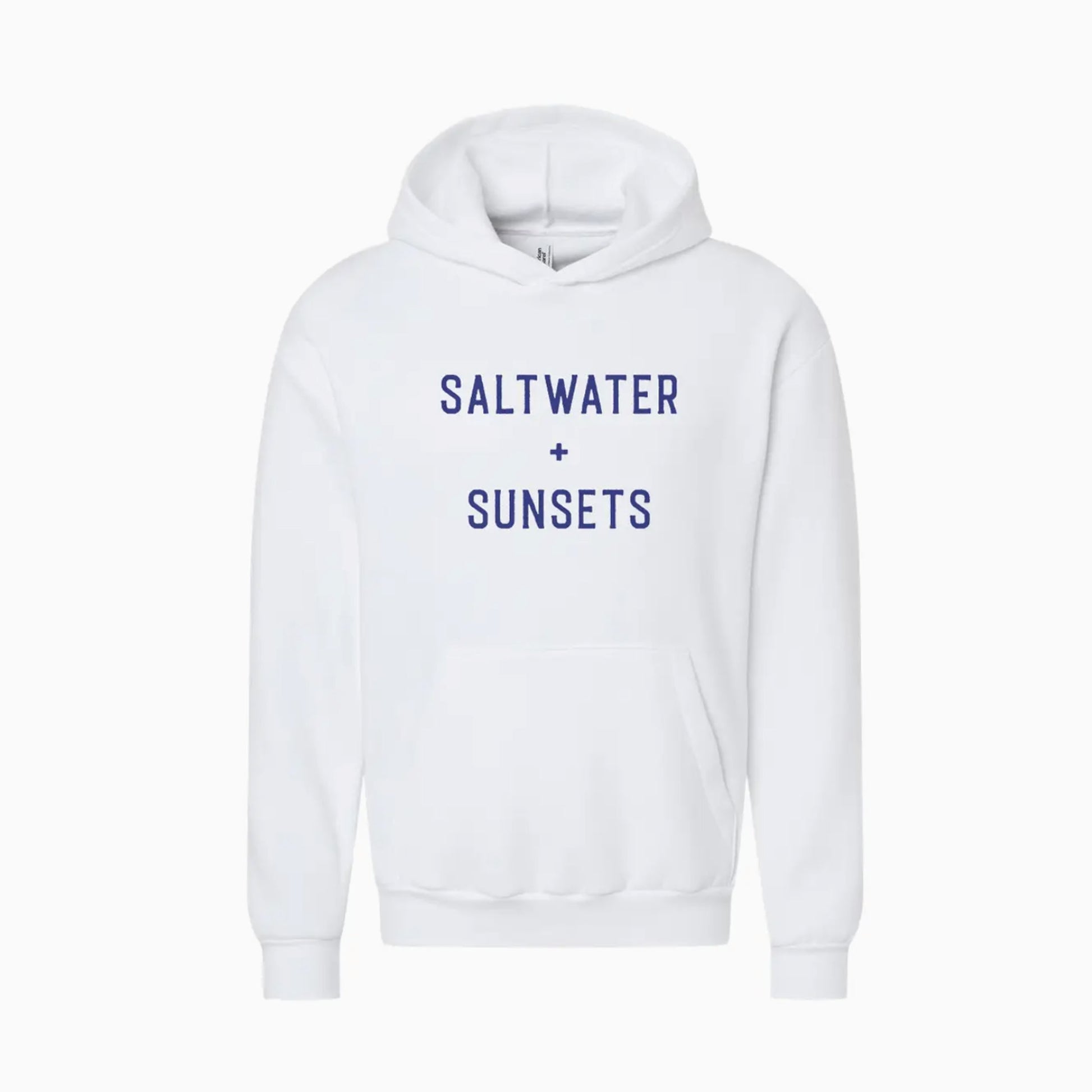 White hoodie with 'Saltwater + Sunsets' text on a white background