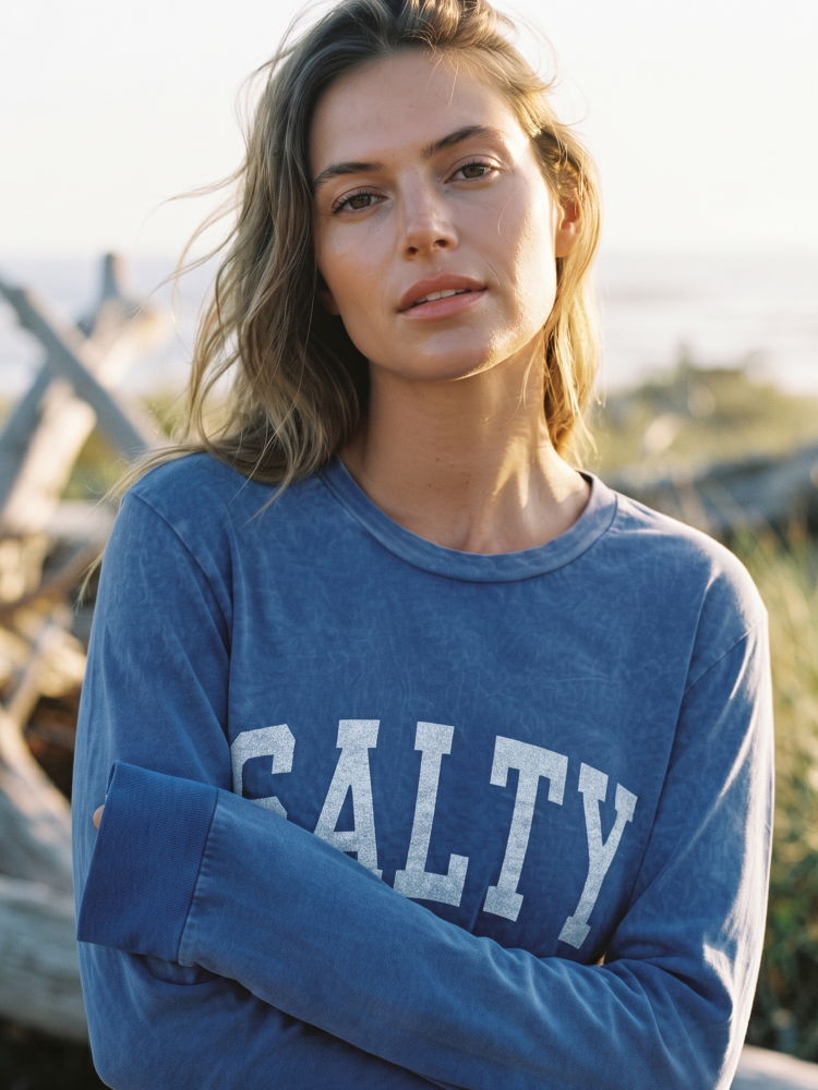 Salty Mineral Washed Long Sleeve Graphic (Denin Blue color) - by OAT COLLECTIVE