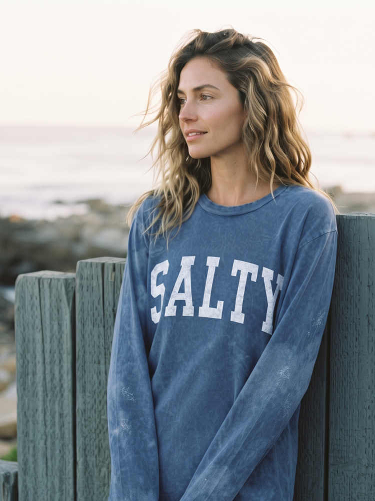 Salty Mineral Washed Long Sleeve Graphic (Denin Blue color) - by OAT COLLECTIVE