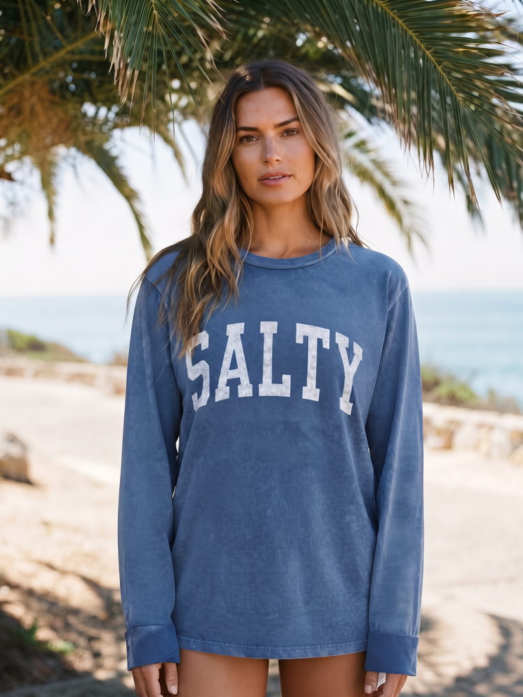 Salty Mineral Washed Long Sleeve Graphic (Denin Blue color) - by OAT COLLECTIVE